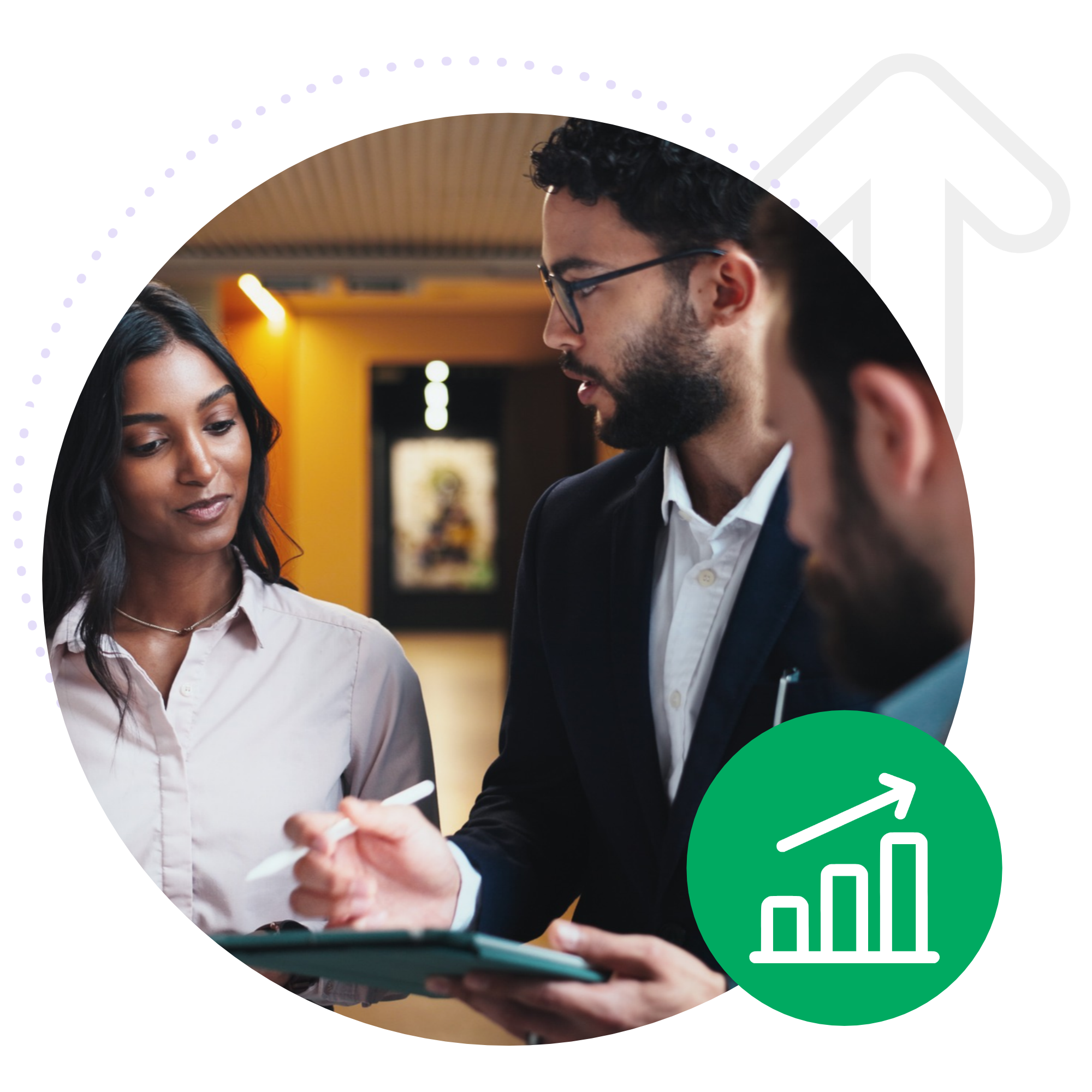 Business colleagues reviewing performance growth on a tablet