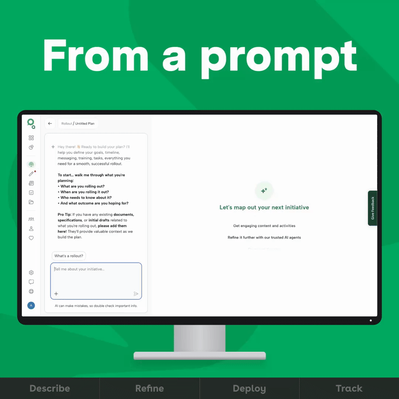 Axonify screen titled ‘From a prompt’ showing the AI rollout plan builder: a chat assistant asking what you’re rolling out, with a ‘Let’s map out your next initiative’ panel