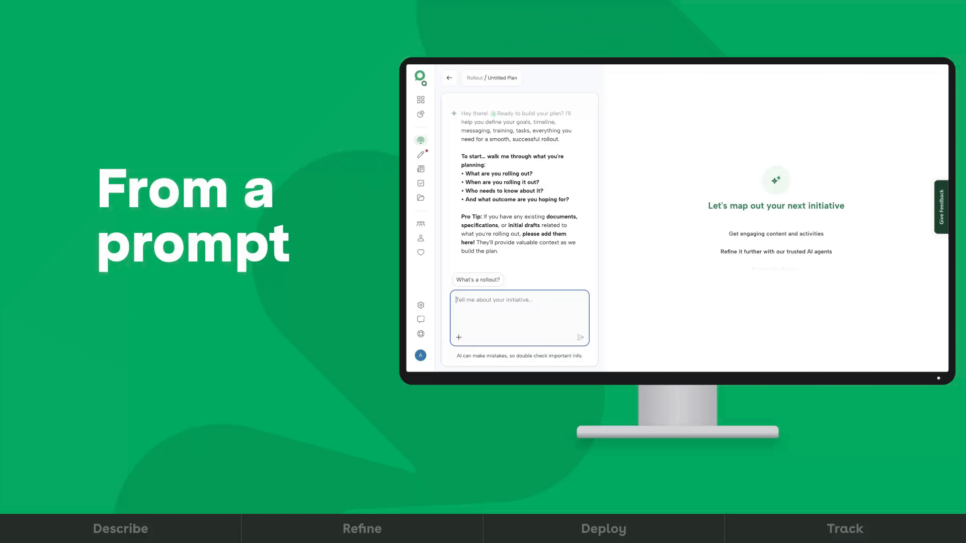 Axonify screen titled ‘From a prompt’ showing the AI rollout plan builder: a chat assistant asking what you’re rolling out, with a ‘Let’s map out your next initiative’ panel